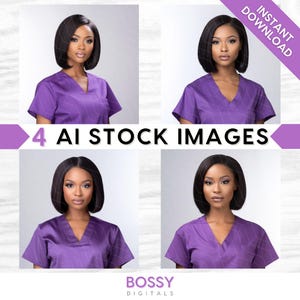 AI Medical Stock Images: Nurse, Doctor in Purple Scrubs, Melanin Beauty, Bob Wig Hair, Bundle Set (PNG Digital Download)