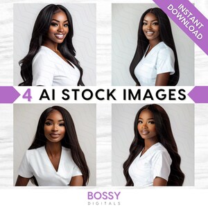 Scrub AI Stock Images, Model Stock Photos, Medical Professional, Nurse, Nursing, Doctor, Uniform, Business, Long Hair Wig Glam, White Scrubs