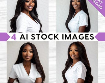 AI Medical Stock Images: Nurse, Doctor in White Scrubs, Melanin Beauty, Bundle Set (PNG Digital Download)