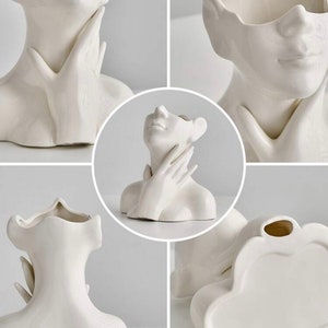 1pc White Ceramic Abstract Human Face Vase image 4