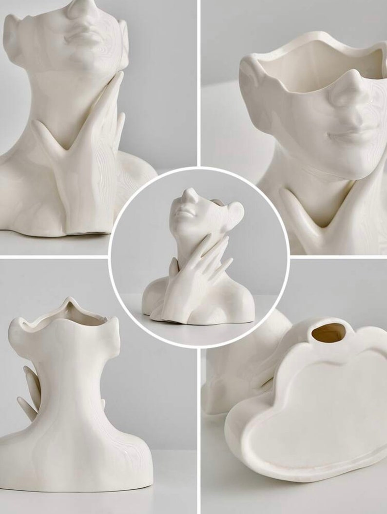 1pc White Ceramic Abstract Human Face Vase image 4