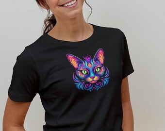May include: Black t-shirt with a vibrant, stylised cat face design. The cat's face is depicted in bright blues, greens, pinks, and yellows, creating a psychedelic effect. The design is centrally placed on the front of the shirt.