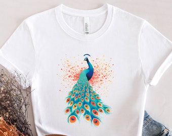 Women's Artsy Peacock Shirt | Multicolored Retro PeacockT-Shirt for Fall | Shirt for Bird Lover