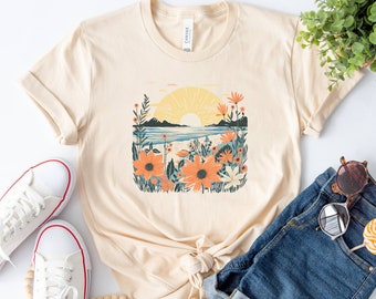 Damskjorta med bohemiskt tryck och solnedgång | Coastal Cottage Core-t-shirt | Semesterskjorta för henne