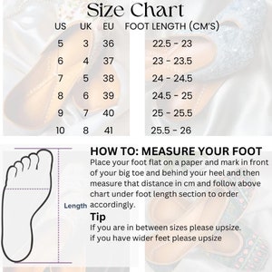 May include: Size chart for shoes with US, UK, and EU sizes listed along with corresponding foot length in centimeters. The chart shows sizes 5 through 10 with foot lengths ranging from 22.5 to 26 centimeters. Instructions on how to measure your foot are included.
