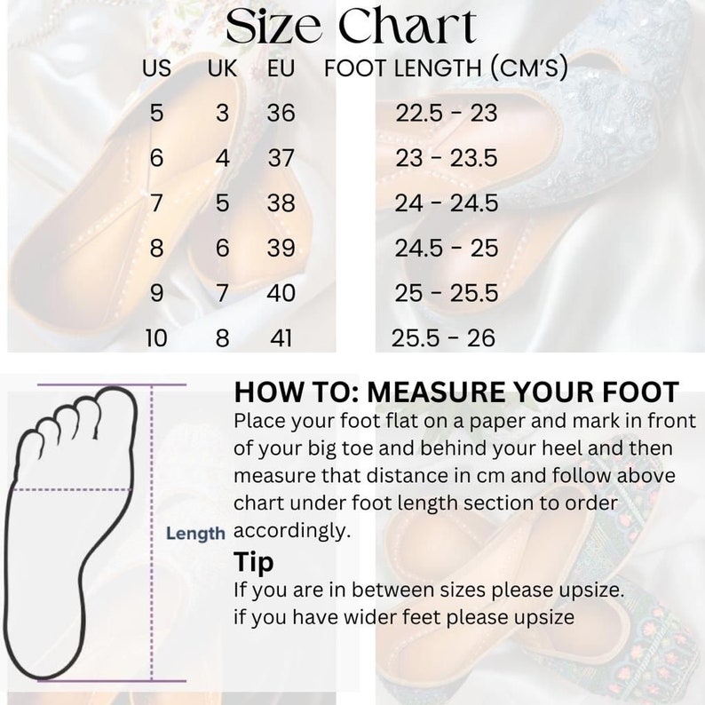 May include: Size chart for shoes with US, UK, and EU sizes listed along with corresponding foot length in centimetres. The chart shows sizes 5 through 10 with foot lengths ranging from 22.5 to 26 centimetres. Instructions on how to measure your foot are included.