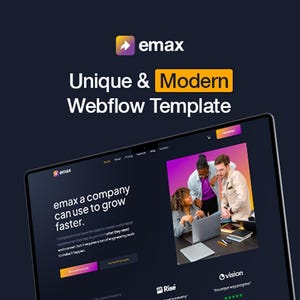 May include: A laptop displaying a website template with the text "Unique & Modern Webflow Template." The screen shows a website interface with a team of people collaborating. The logo "emax" is visible.