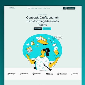 May include: A website design featuring a teal and white color scheme. The design includes the text "Concept, Craft, Launch Transforming Ideas into Reality." An illustration shows a person juggling icons. The website also lists services and company logos.