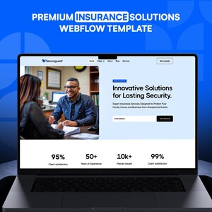 May include: A laptop displays a website for Secureguard, a premium insurance solutions provider. The website features a photo of two people in a meeting, and text that reads "Innovative Solutions for Lasting Security." Statistics show 95% client satisfaction, 50+ years of experience, and 10k+ policies issued.
