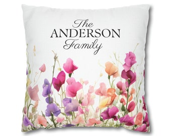 Funda de almohada con flor de guisante de olor: almohada personalizada con nombre de familia