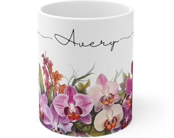Personalized Orchid Coffee Mug: Watercolor Floral Art
