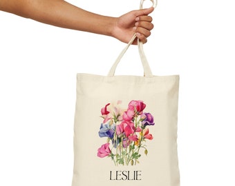 Sweet Pea Flower Canvas Tote Bag, Personalized Canvas Tote Bag, April Birth Month Gift, Birthday Gift for Mom, Gift for Best Friends