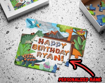 Rompecabezas de cumpleaños de dinosaurios personalizado, rompecabezas de 30 piezas con nombre para niños