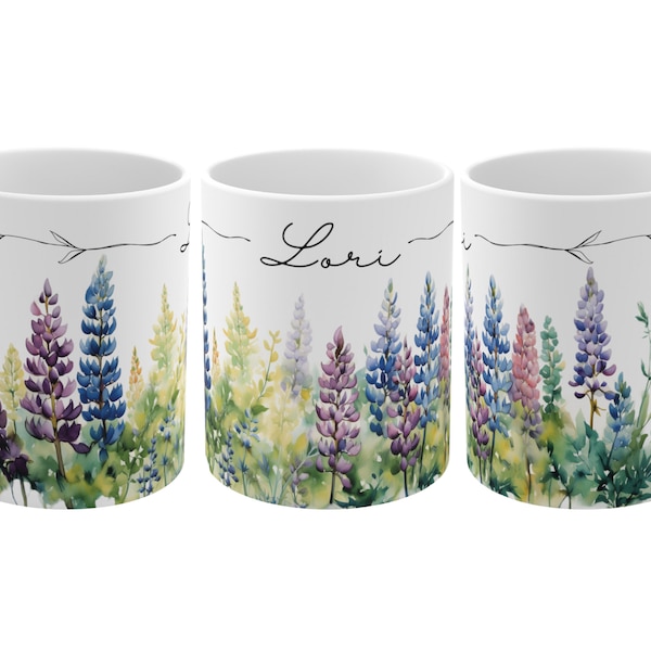 Lupine Flower Coffee Mug, Personalized Lupine Flower Mug, Lupine Flowers Artsy Mug, Cool Mug Gift, Gift for Nature Lover, Gift for Her,