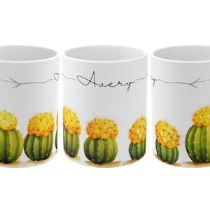 Taza con diseño de cactus y luna en acuarela, regalo personalizado para amantes de los cactus.