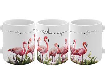 Personalized Flamingo Coffee Mug, Tropical Bird Art, 11oz Ceramic