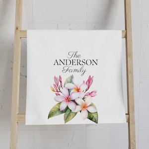 Personalized Plumeria Kitchen Towel, Family Name Dish Towel, Plumeria Flower Hand Towel, Housewarming Gift, Family Name Hand Towel