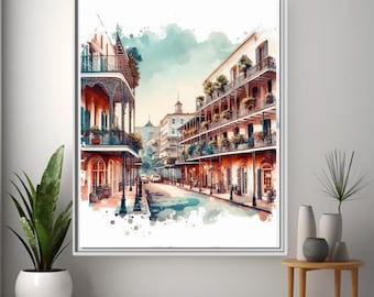 May include: A watercolor painting of a street scene in New Orleans, Louisiana. The street is lined with colorful buildings with balconies and wrought iron railings. The buildings are painted in shades of red, orange, yellow, and green. The street is empty except for a few cars in the distance.