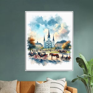 Puede incluir: Una pintura de acuarela de una ciudad con una gran catedral en el centro. La escena está llena de carruajes tirados por caballos y personas caminando por la calle. La pintura está enmarcada en un marco blanco.