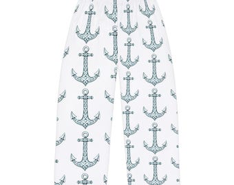Nautical Anchor Print Pajama Pants, Men's Polyester Lounge Wear