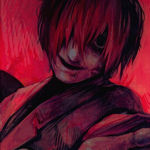 Puede incluir: Ilustración roja y negra de una persona con cabello rojo y ojos oscuros. La persona lleva ropa oscura y tiene una leve sonrisa. El fondo es un degradado de rojo.