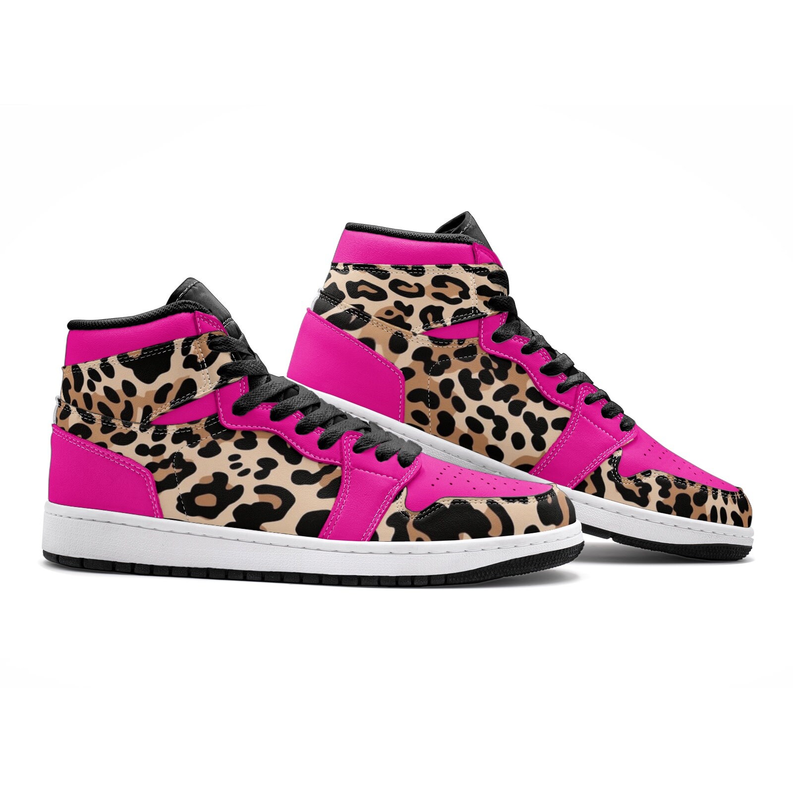 Pink Dot Cheetah Leopard Pattern Print Black Sneaker Shoes For Men Women