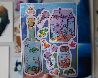 Hoja de pegatinas Ocean Flavors / Criaturas marinas embotelladas / Holográficas / Mate