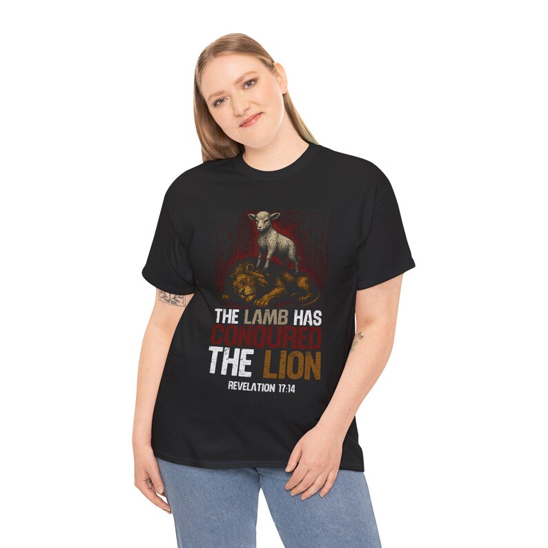 Christian Inspired Unisex Heavy Cotton Tee - 'The Lamb Has Conquered The Lion', Faith Shirt, Religious Gift, Biblical Apparel, Inspirational image 6