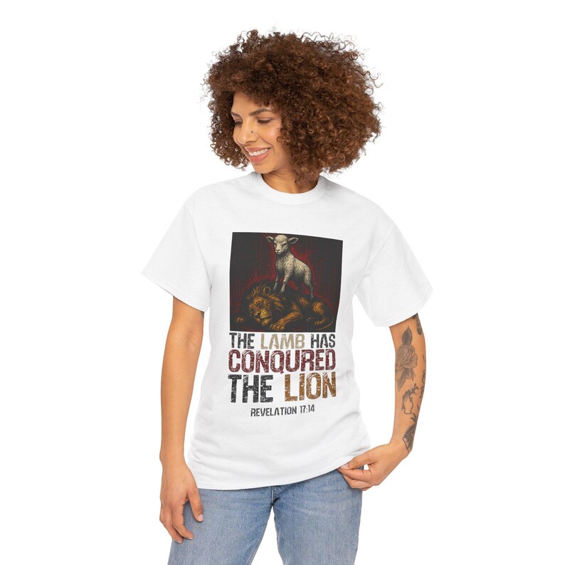 Christian Inspired Unisex Heavy Cotton Tee - 'The Lamb Has Conquered The Lion', Faith Shirt, Religious Gift, Biblical Apparel, Inspirational image 9