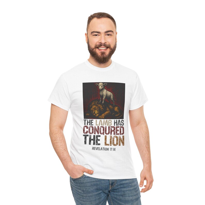 Christian Inspired Unisex Heavy Cotton Tee - 'The Lamb Has Conquered The Lion', Faith Shirt, Religious Gift, Biblical Apparel, Inspirational image 8