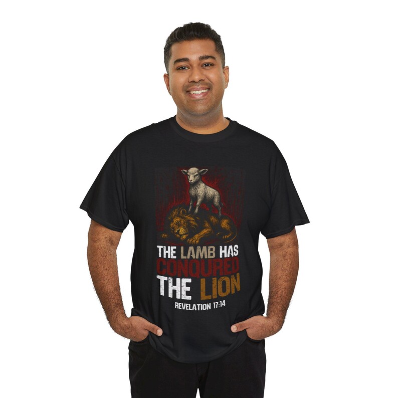 Christian Inspired Unisex Heavy Cotton Tee - 'The Lamb Has Conquered The Lion', Faith Shirt, Religious Gift, Biblical Apparel, Inspirational image 7