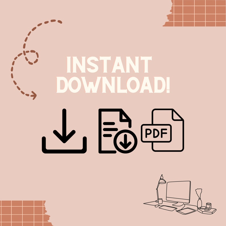 Puede incluir: Gr&aacute;fico de descarga instant&aacute;nea con un fondo rosa. El gr&aacute;fico incluye un icono de flecha de descarga, un icono de documento con una flecha de descarga y un icono de archivo PDF. El texto "INSTANT DOWNLOAD!" est&aacute; en texto blanco.