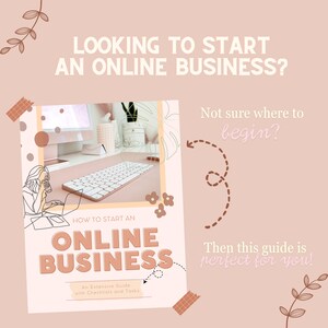 Puede incluir: Un gr&aacute;fico rosa y marr&oacute;n con el texto "&iquest;Buscas empezar un negocio online?" y "C&oacute;mo empezar un negocio online: Una gu&iacute;a completa con listas de verificaci&oacute;n y tareas".