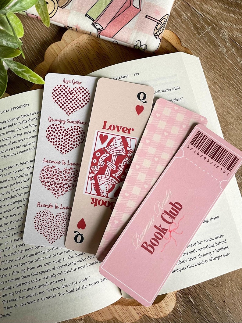 Book Lover Collection Valentines Day Themed Number 2, Pinks, Beige, White, Playing card queen book lover, pink ticket romance reader book club, trope red hearts, plaid.
