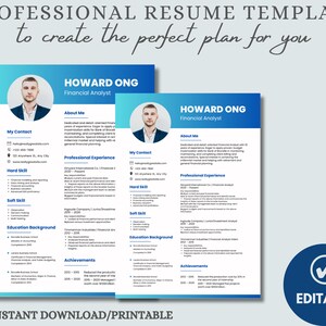 May include: Editable professional resume template with a blue and white color scheme. The template features a photo placeholder, contact information, hard and soft skills, education background, professional experience, and achievements sections. The text "HOWARD ONG" and "Financial Analyst" are displayed at the top of the template.