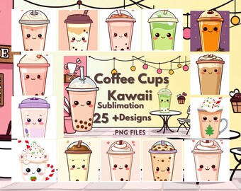 Cute Coffee Cup Kawaii 25 + .PNG Designs
