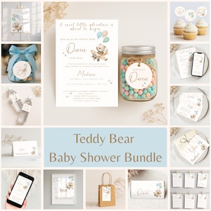 Adorable Teddy Bear Baby Shower Bundle for Boys – Editable Canva Templates, Balloon Bear Printable Decor, Instant Download