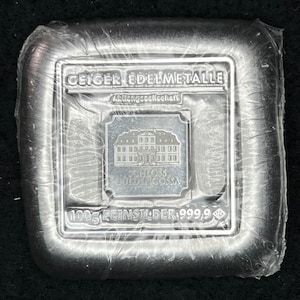 Silver 100 Gram Geiger Edelmetalle Square Cast Bar, Collectible Silver Bar, 999 Fine Silver