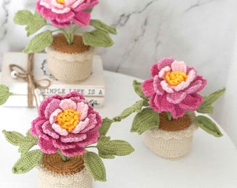 Crochet flower in Pot: Crochet Rose, Handmade Knitted Cotton Bouquet