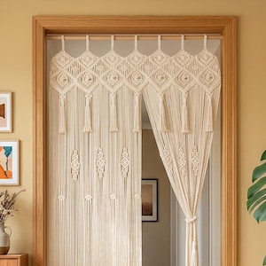 Long Neutral Macrame Door Curtain, Free Tie Back, Boho Window Treatments, Wide Closet Curtain