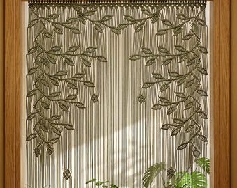 Olive Green Macrame Doorway Curtain, 3D Leaf Botanical Wall Hanging, Boho Room Divider Tapestry