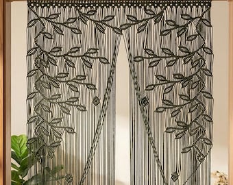 Dark Green Macrame Curtain, Botanical Leaf Wall Tapestry, Boho Archway Decor
