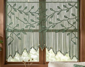 Handmade Emerald Macrame Curtain, Boho Sage Green Leaf Valance