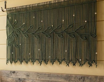 Extra Wide Dark Green Macrame Wall Hanging, Boho Rustic Tapestry, Overhead Board Farmhouse Decor