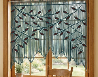 Peacock Terracotta Macrame Curtain Valance Set, Mid Century Window Decor