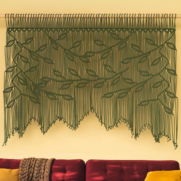 Olive Green Macrame Leaf Wall Hanging, Botanical Fiber Art, Moody Boho Decor