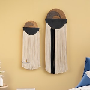 Geometric Macrame Wall Hanging: Modern Yarn Tapestry, Wood Art