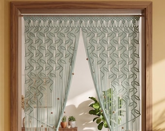 Grand-Scale Sage Green Macrame Wall Hanging, Long Botanical Fiber Art Tapestry with Brown Beads