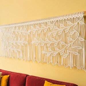Extra Wide Natural Macrame Wall Hanging, Cream Boho Botanical Tapestry, 3D Leaves Scandi Decor