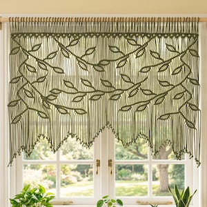 Olive Green Macrame Window Curtain, Botanical Fiber Art, Botanical Home Decoration